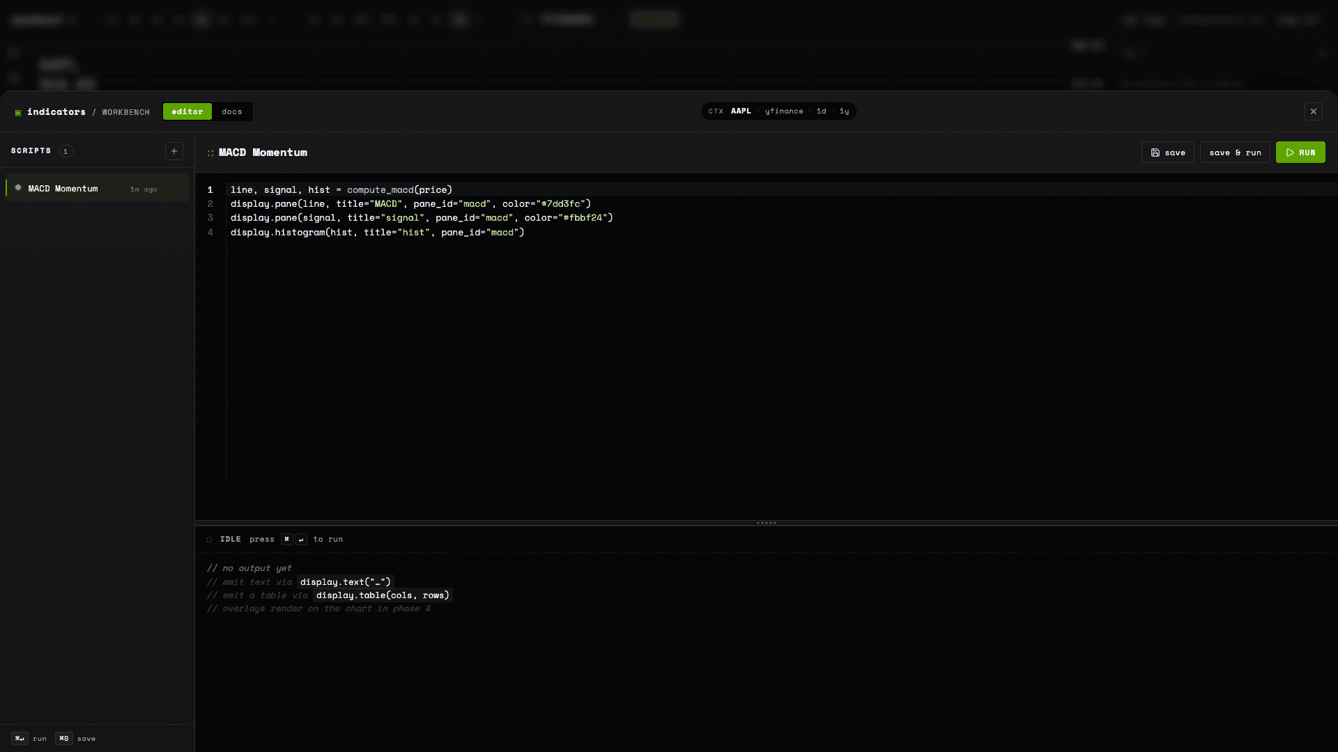 OpenQuant Python strategy editor displaying a MACD research script.