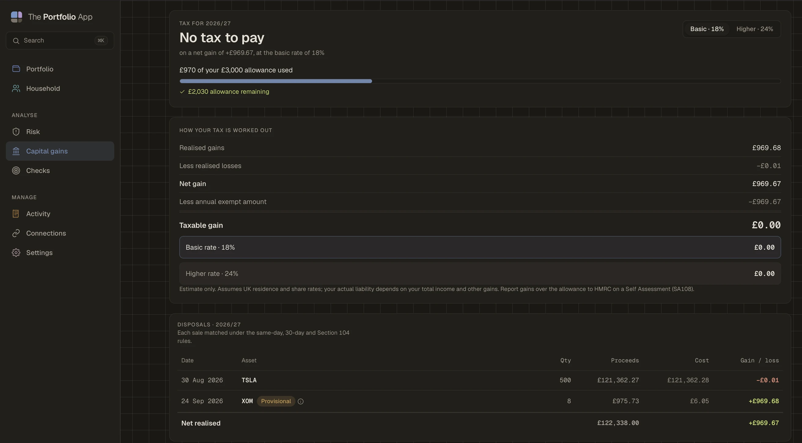 The Portfolio App UK capital gains view for the 2026/27 tax year showing allowance used, the steps from realised gains to taxable gain at the basic and higher rates, and a table of disposals matched under the same-day, 30-day and Section 104 rules.